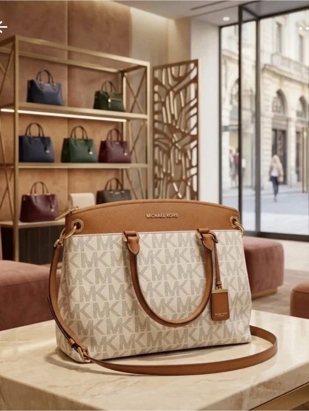 Michael Kors Beige Signature MK Satchel with Tan Trim